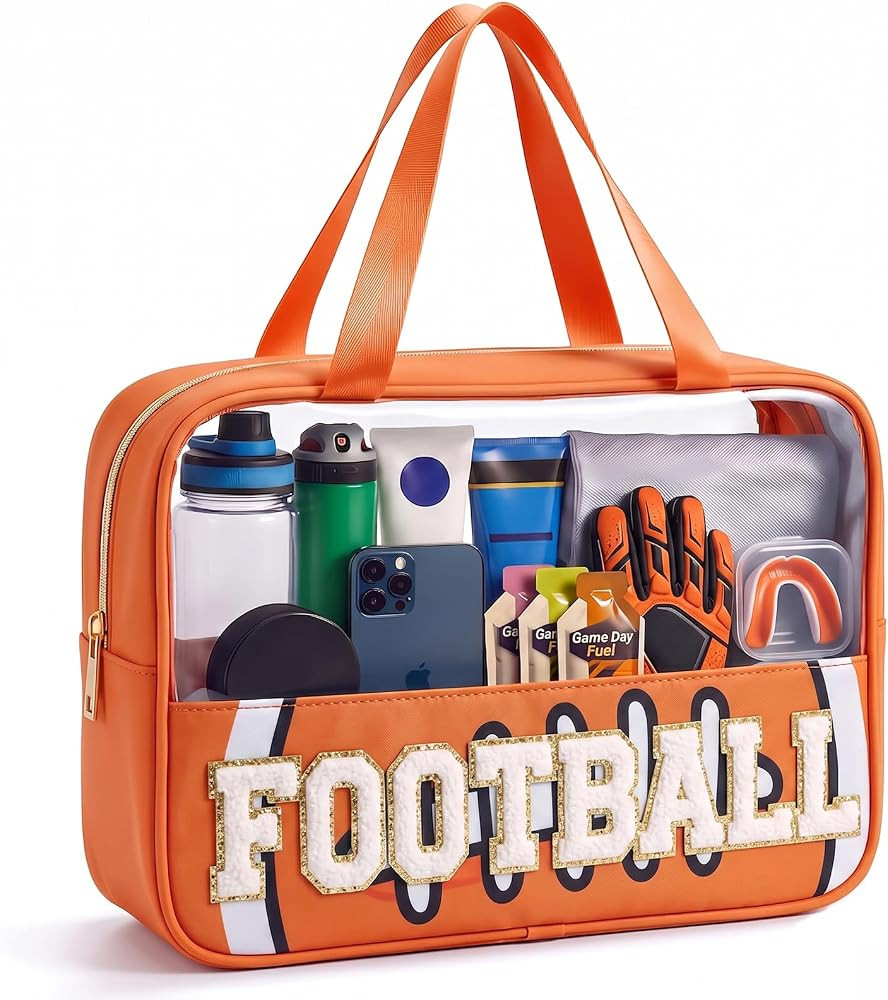 Football Makeup Bag, Football Gifts for Team, Chenille Letter Patch Clear Cosmetic Bag with Handl... | Amazon (US)