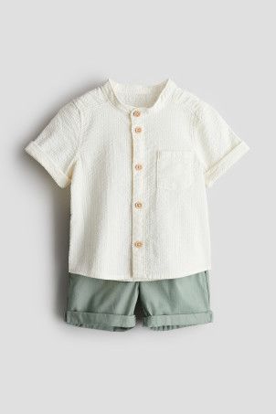 2-piece Cotton Set - Regular waist - Round Neck - Beige/blue striped - Kids | H&M US | H&M (US + CA)