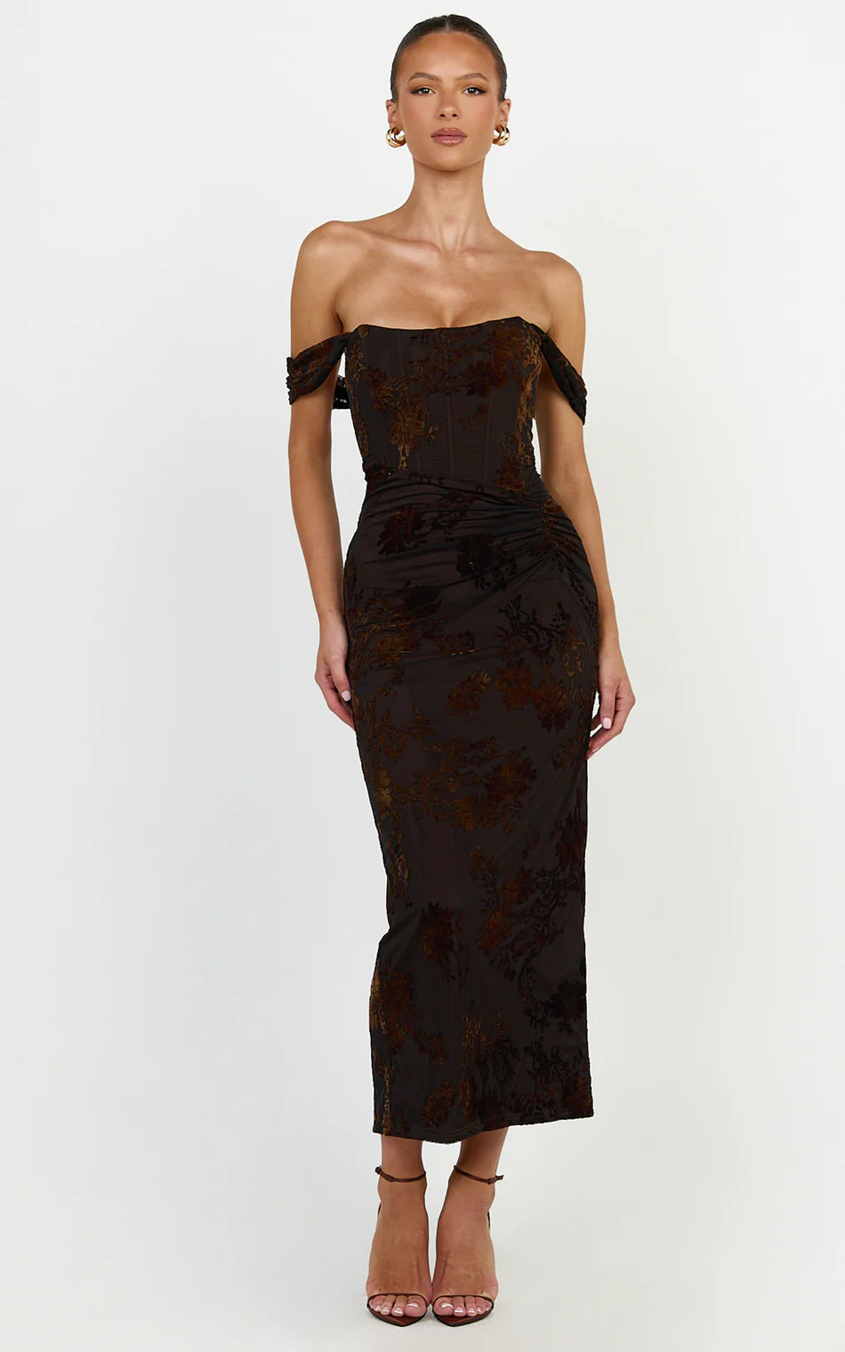 Ruched Corset Burnout Dress in Black and Brown | Showpo (US, UK & Europe)