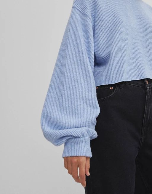 Bershka soft touch ribbed cropped sweater in light blue | ASOS (Global)