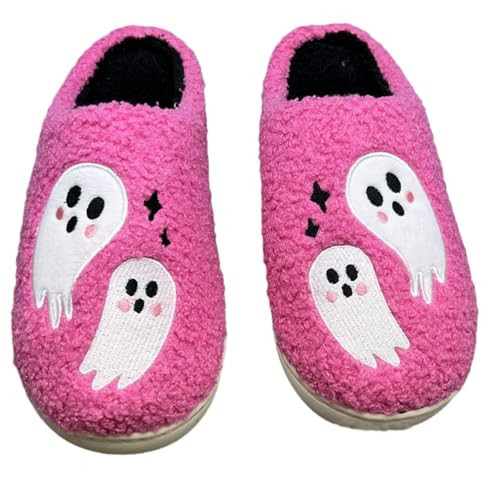 Edobao Womens Mens Ghost Spooky Slippers Fluzzy Memory Foam Halloween Funny Slippers Warm Embroidery Print Plush House Shoes Pink 43-44 | Amazon (US)