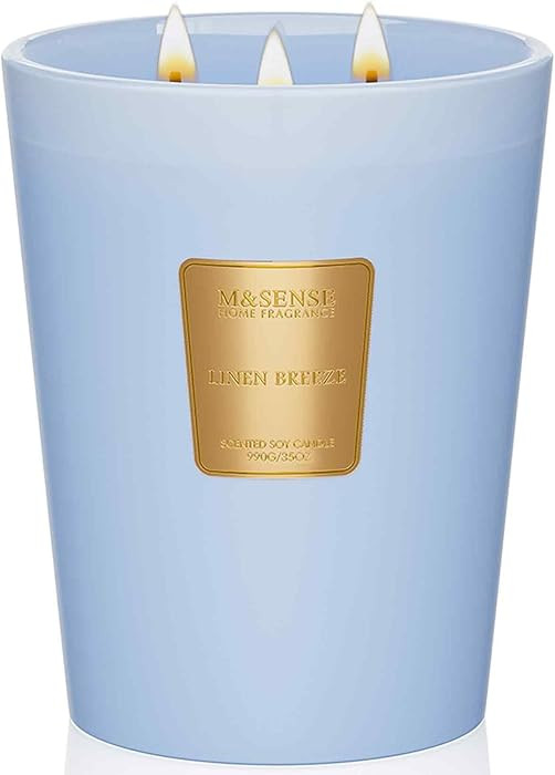 M&SENSE Large Soy Candle Linen Breeze Scented 35oz 150H Burn Time Long Lasting, 3-Wick Natural Ar... | Amazon (US)