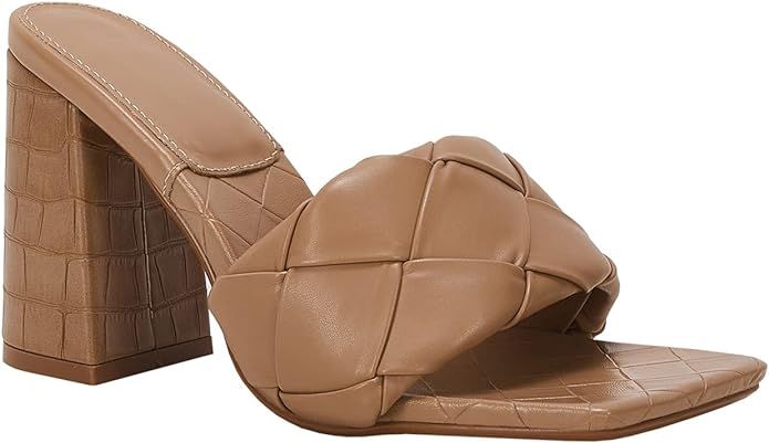 Women's Square Open Toe Heeled Woven Leather Mule Sandals Stiletto Slip On Quilted High Heel Shoe... | Amazon (US)