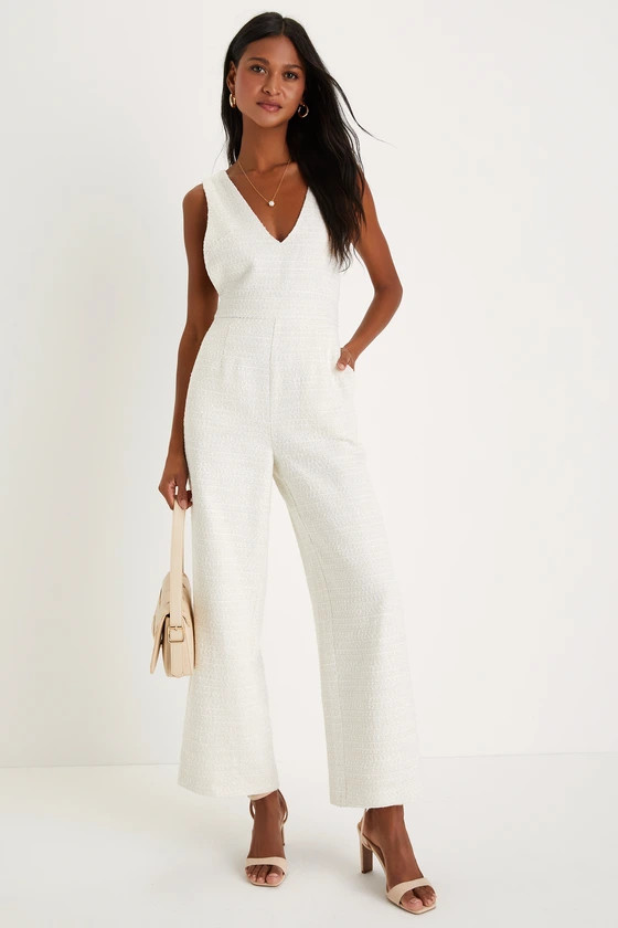 Officially Exceptional Ivory Tweed Lurex Wide-Leg Jumpsuit | Lulus (US)