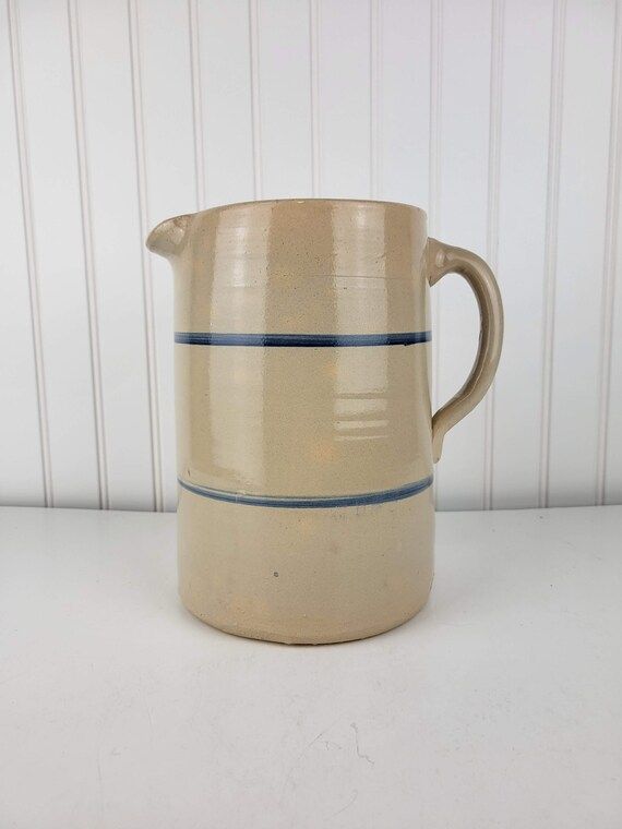 Large Vintage Stoneware Crock Pitcher Blue Stripes - Etsy | Etsy (US)