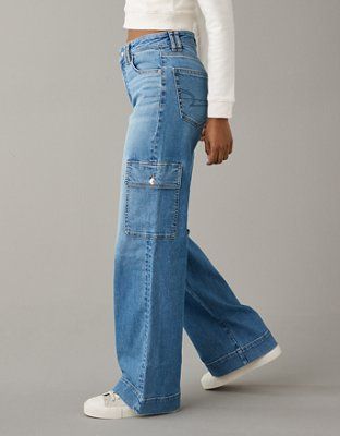 AE Dreamy Drape Stretch Super High-Waisted Cargo Baggy Wide-Leg Jean | American Eagle Outfitters (US & CA)