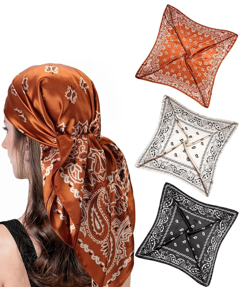 35” Satin Large Square Head Scarves-3 Pack Women Vintage Bandanas Silk Like Neck Scarf Hair Sle... | Amazon (US)