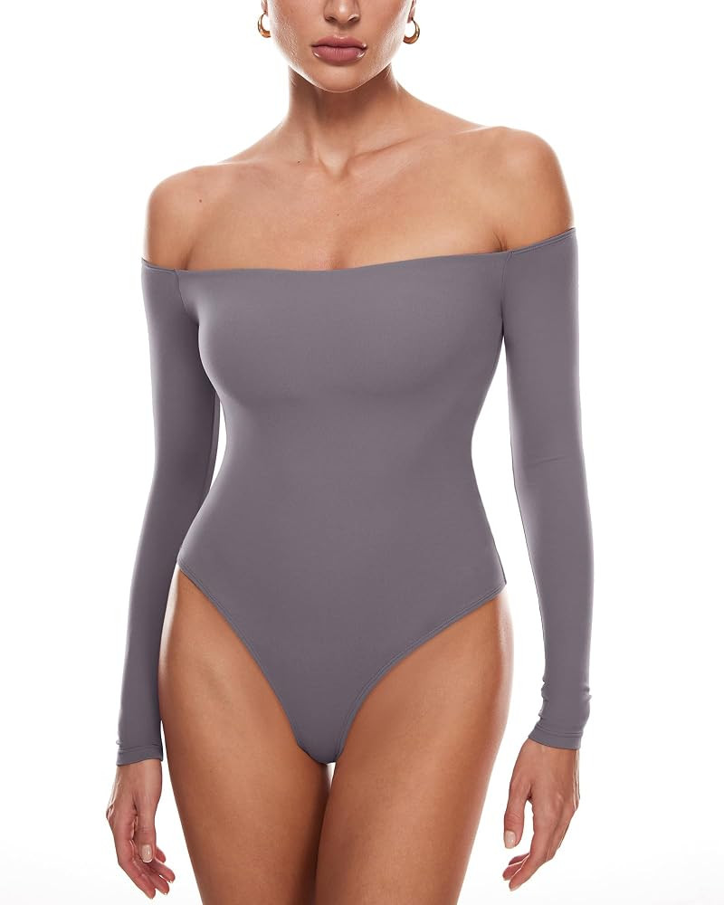 INLYRIC Women's Natrelax Off The Shoulder Bodysuit Long Sleeve Thong Sexy Bodycon Slim Fit Tops L... | Amazon (US)