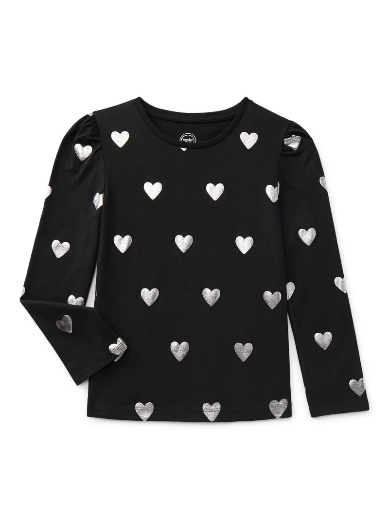 Wonder Nation Girls Gathered Shoulder Tee with Long Sleeves, Sizes 4-10 | Walmart (US)