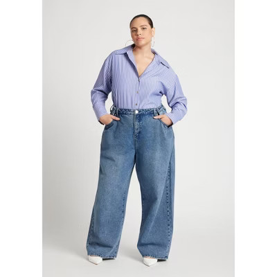 ELOQUII Women's Plus Size Preppy Striped Button Down - 24, Navy Stripe | Target