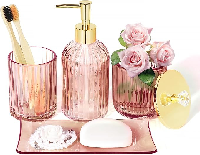 Designer Pink Glass Bathroom Accessories Sets - 4 Pcs with Lotion Soap Dispenser, Bathroom Toothb... | Amazon (US)
