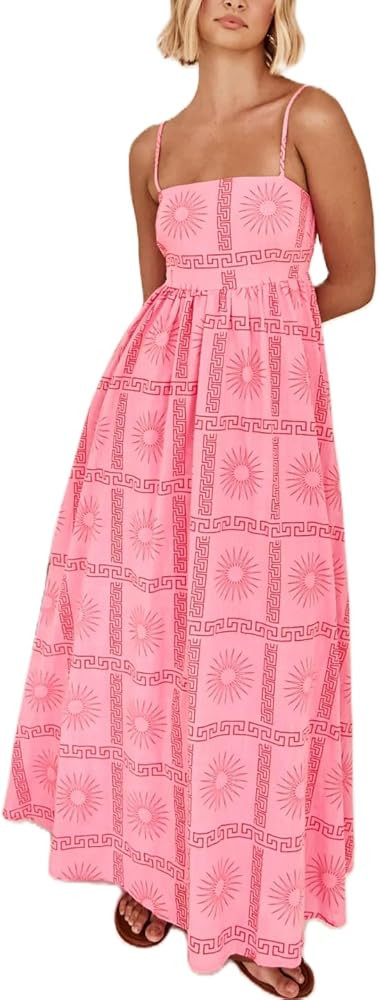 Women Cute Spaghetti Strap Dress Boho Graffiti Patterned Long Flowy Sundress Aline Beach Vacation... | Amazon (US)