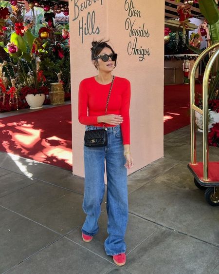 Pop of red ❤️ for my casual outfit out in LA!  These wide leg jeans are SO soft and comfortable - not stiff at all!  
I’m wearing size small in my red shirt. 

Fall outfit; casual outfit; citizens jeans; red shirt; mom outfit; comfy outfit; travel outfit; shopping outfit; shopbop; adidas sneakers; Christine Andrew 

#LTKshoecrush #LTKtravel #LTKstyletip