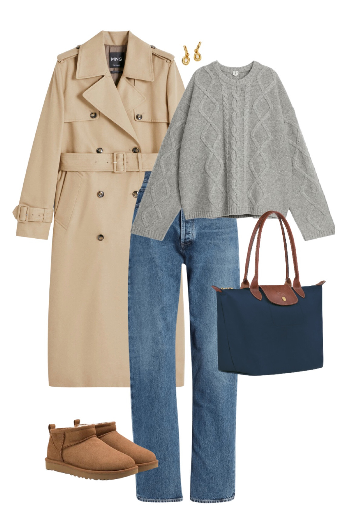 Cozy fall outfit inspo: a trench coat, cable knit jumper from Arket, a Longchamp tote, jeans, ultra mini uggs & gold earrings