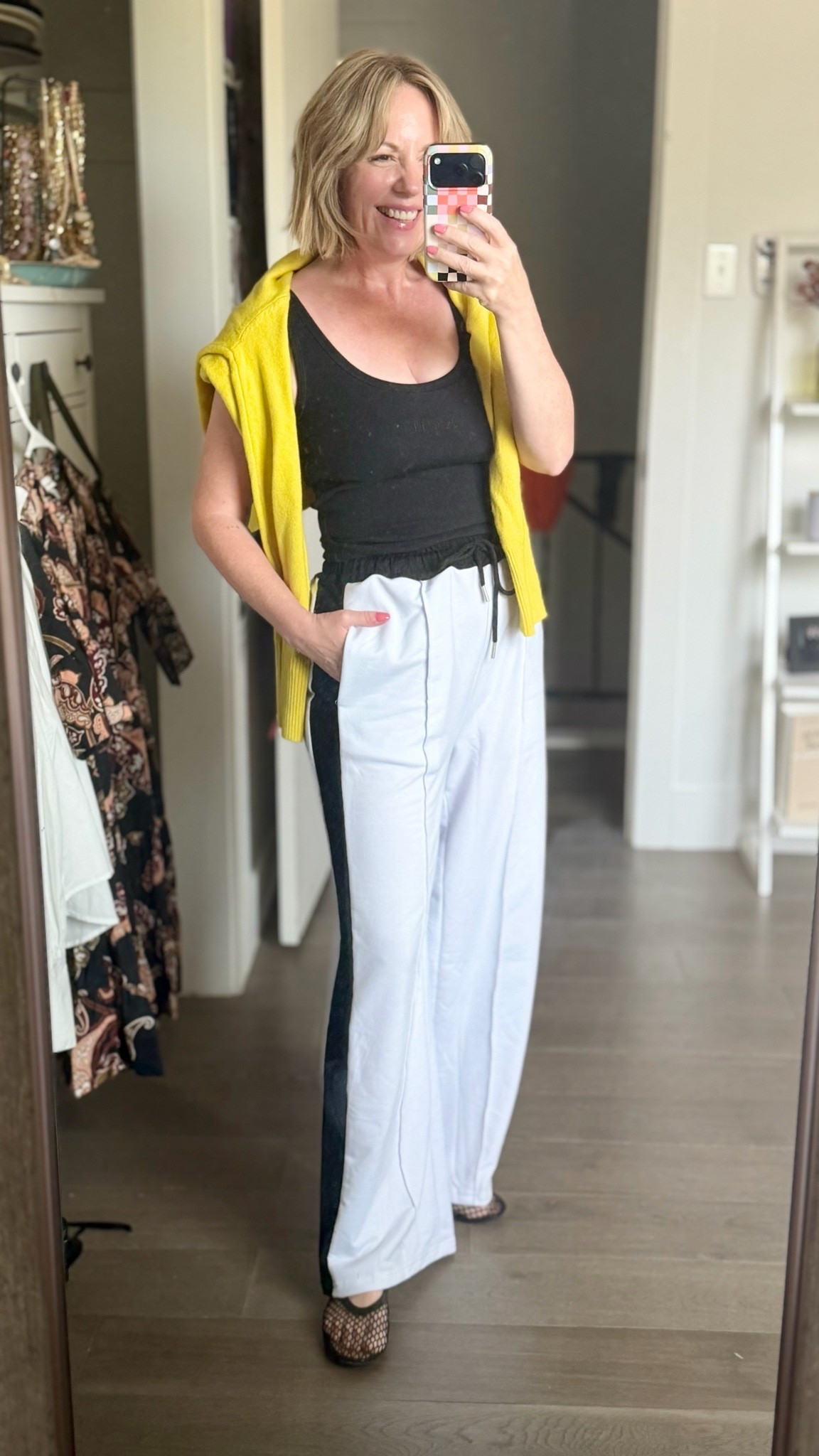 Elevated everyday casual outfit with track style pants & a pop of color! Small tank; medium pants

#LTKmomlife #LTKPetite #LTKOver40