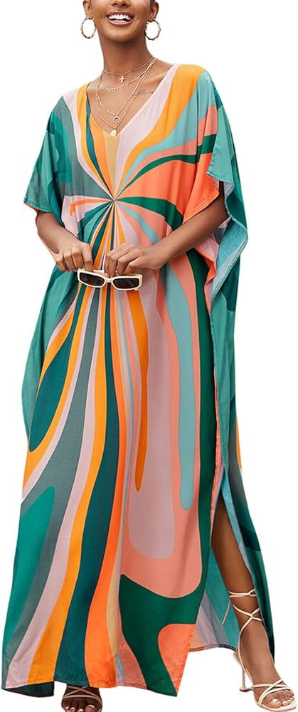 Moroccan Print V-Neck Batwing Kaftan Women's Plus Size Loose Fit Beach Dress Bathing Suit Cover U... | Amazon (US)