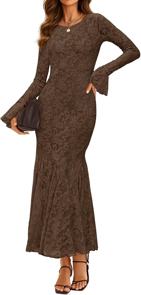 ZESICA Women's Long Sleeve Bodycon Maxi Dress 2025 Fall Fashion Floral Sexy Mermaid Wedding Guest... | Amazon (US)