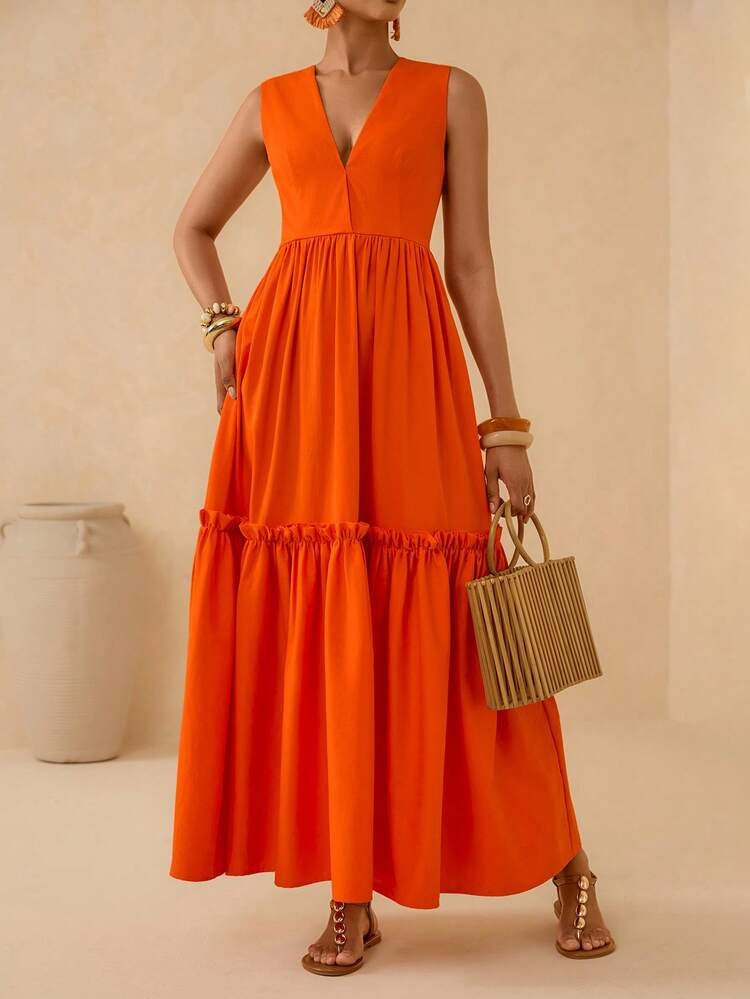 Vesra Sleeveless V-Neck Orange Layered Pleated Patchwork Dress, Elegant Vacation Style, Flatterin... | SHEIN