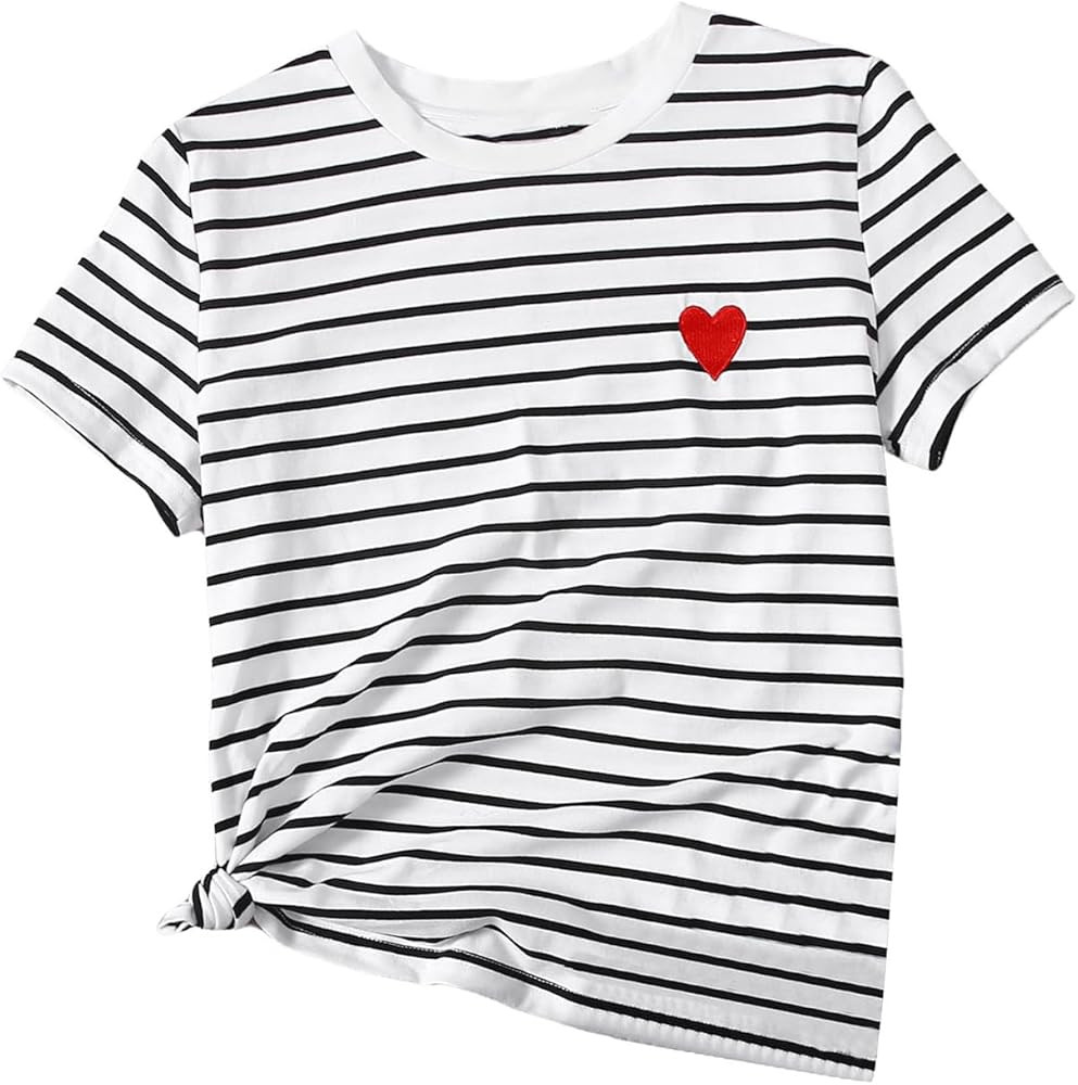 SweatyRocks Women's Heart Striped T Shirt Short Sleeve Shirt Crew Neck Casual Tee Top | Amazon (US)