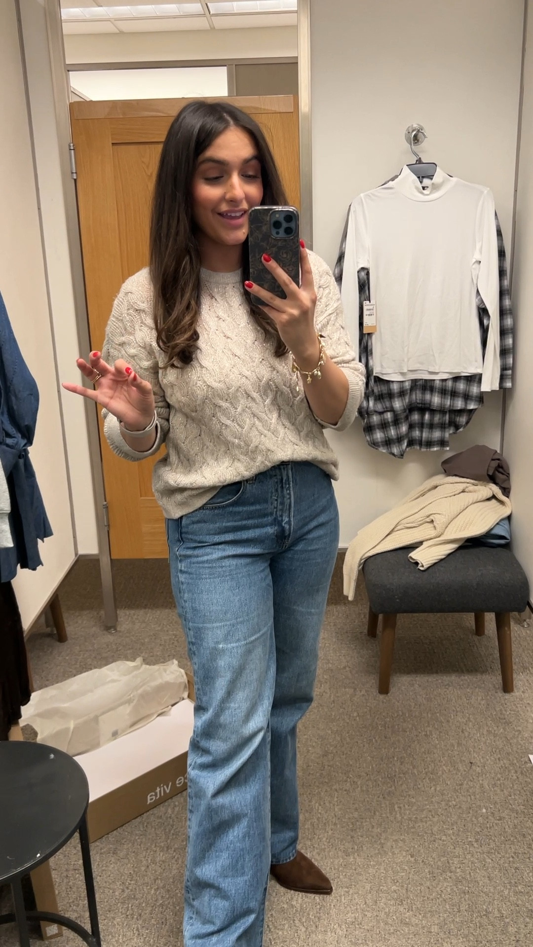 LOVE this sweater that found me in store today!! And the boots are everything 😍

Sweater: oat color, cable knit pattern, sparkle detail. (Size XS)

Jeans: high rise and wide leg (size 27) 

Boots: dark brow suede and I’m wearing a size 8 (fit true to size). They are so cute and are a western influenced style knee-high boot with a pointy toe. They have about a 2 inch heel height and are incredibly comfortable! 

#LTKStyleTip #LTKxNSale #LTKShoeCrush