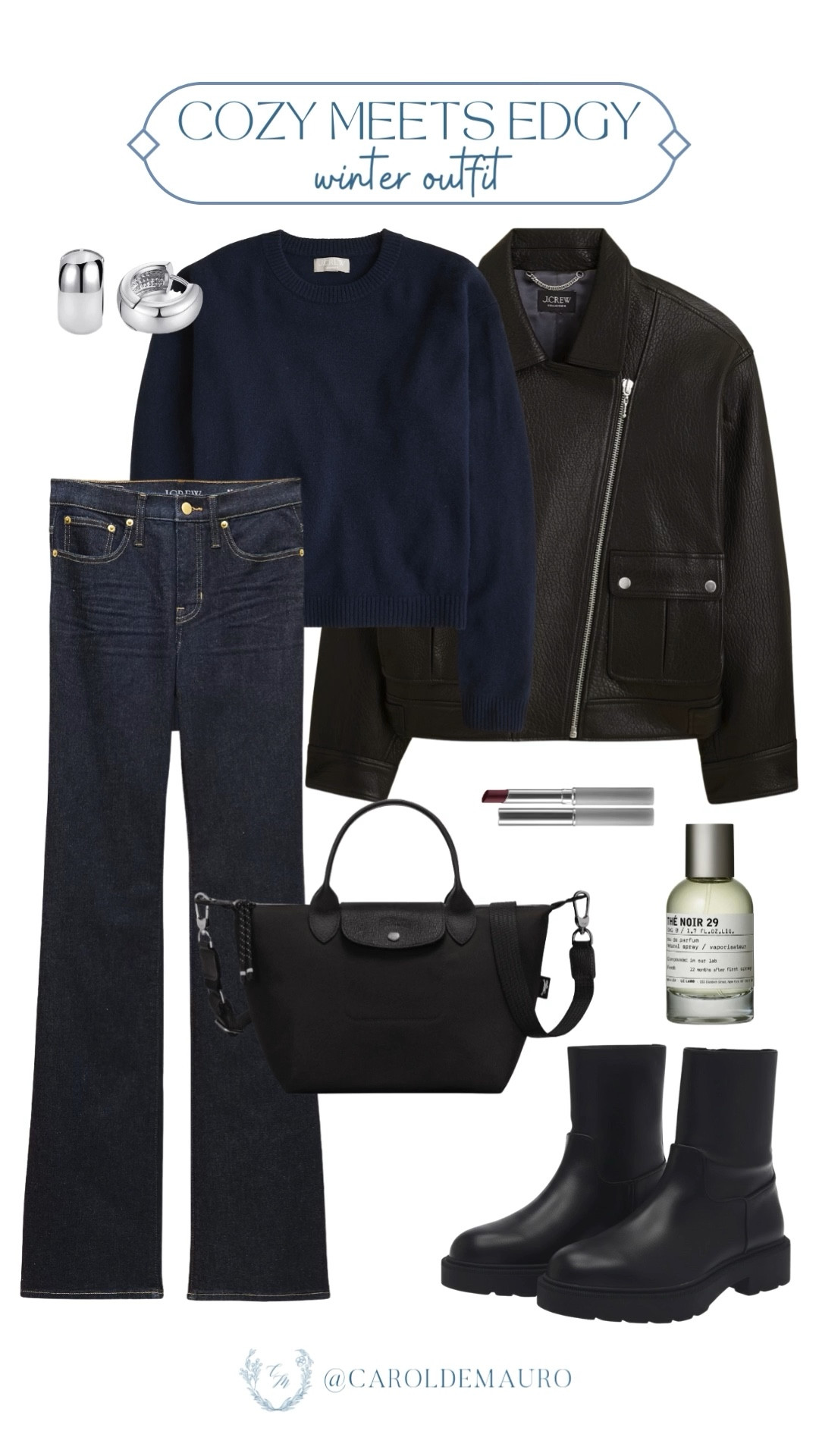 Throw on a leather jacket, a navy blue sweater, and flare denim jeans for that edgy winter outfit! Wear chic leather boots and silver hoops for that extra detail.

cozy fashion, casual wear, everyday style, it girl look, weekend vibes, street wear, winter closet, minimal style

#LTKSeasonal #LTKFindsUnder50 #LTKU