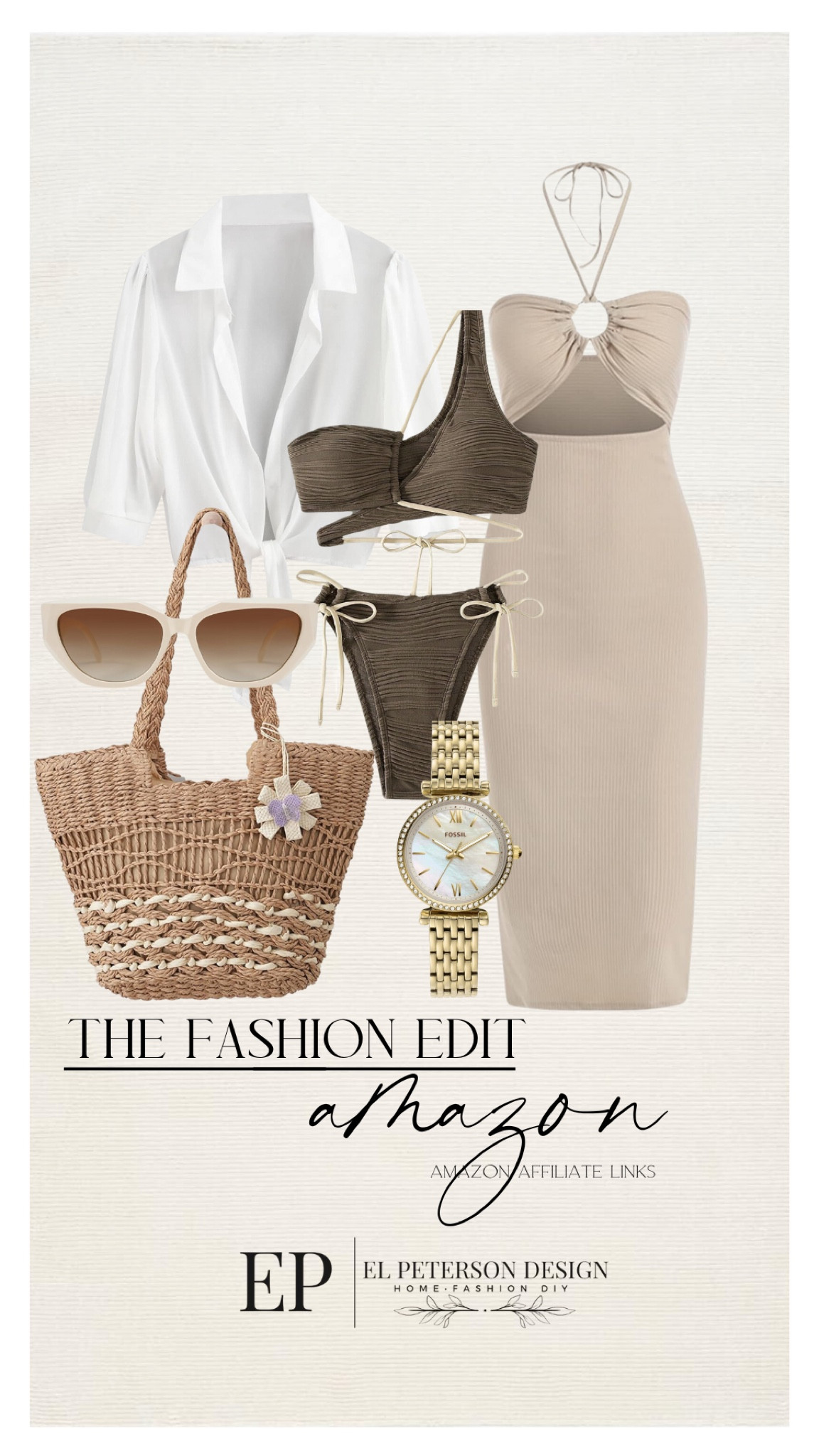 Bikini swimwear shirt
Bikini
Dress
Straw tote bag
Sunglasses
Earrings
Watch 

#LTKstyletip