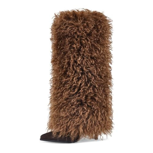 XBKXMK Chocolate Fur Knee High Boots for Women Pointed Toe Stiletto Heel Fold Over Tall Boots Fashion Wide Calf Pull On Long Booties Casual | Amazon (US)