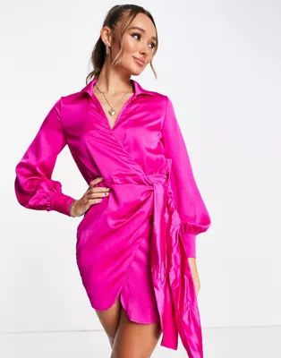 Never Fully Dressed satin wrap mini dress in fuchsia pink | ASOS (Global)