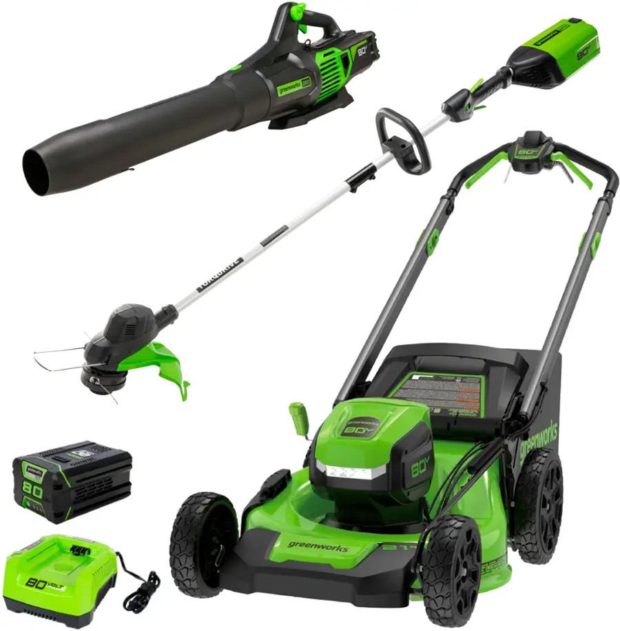 Greenworks - 80V 21” Lawn Mower, 13” String Trimmer, and 730 Leaf Blower Combo with 4 Ah Batt... | Best Buy U.S.