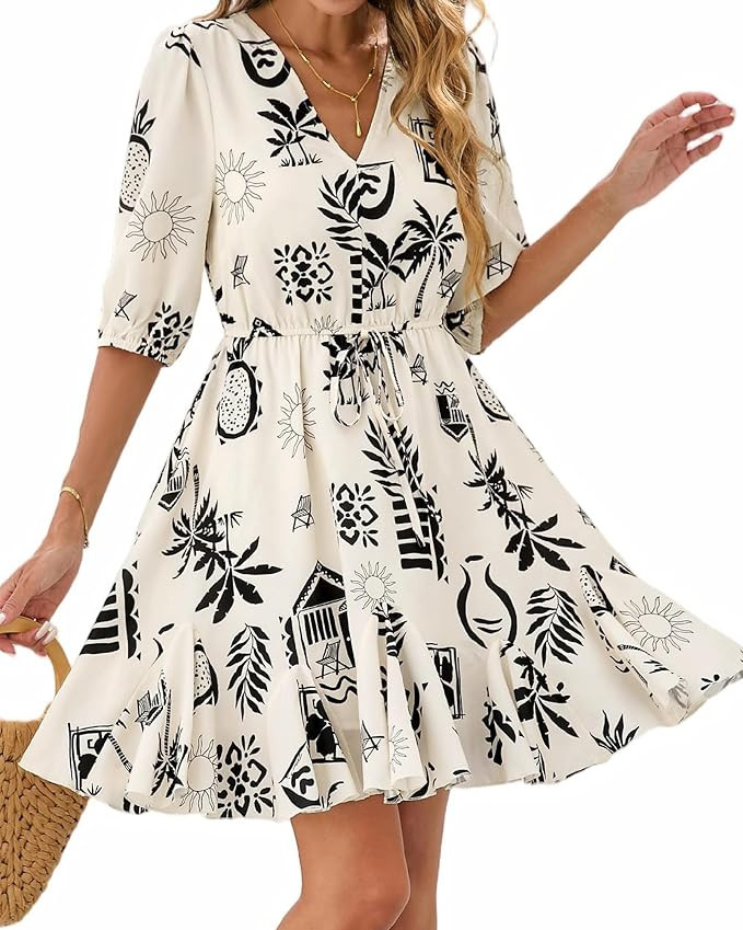 BTFBM Women Summer Spring Floral Boho Dress 2026 V Neck Short Sleeve Ruffle Beach Vacation Clothe... | Amazon (US)