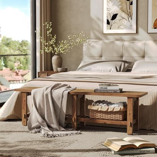 LITTLE TREE Solid Wood Entryway Shoe Bench, 63" Farmhouse Narrow End of Bed Bench with Storage Ra... | Amazon (US)