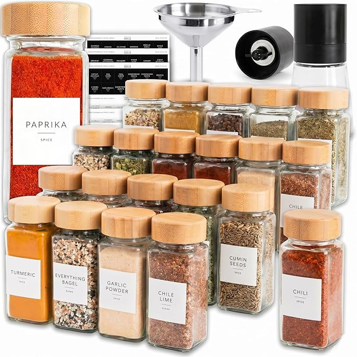 SAVVY & SORTED Glass Spice Jars with Label, 24PK Bamboo Jar Spices Set 4oz, 374 Spice Labels, Pep... | Amazon (US)
