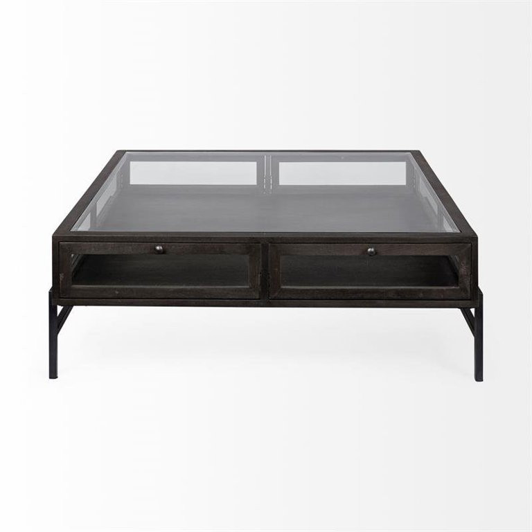 Mercana Arelius II 42x42 Square Glass Brown Wood Black Metal Base Coffee Table | Walmart (US)