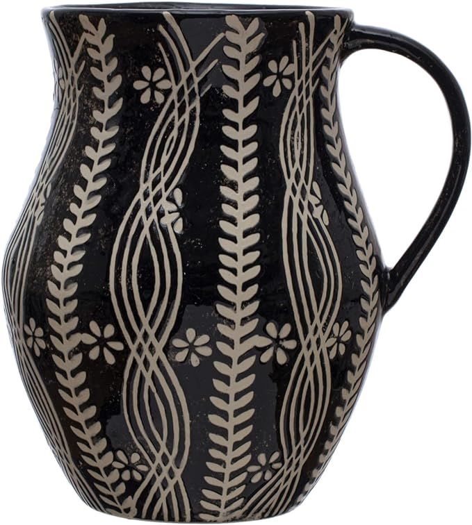 Creative Co-Op Stoneware Wax Relief Botanicals, Black and Natural Pitcher | Amazon (US)