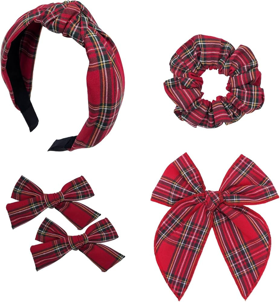 5 Pcs Plaid Headband Set - Padded Scrunchies Bow, Christmas Hair Clips Accessories for Girls (Red... | Amazon (US)
