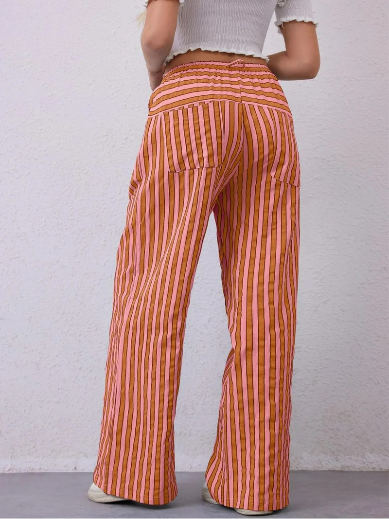 TEMOFON Womens Wide Leg Pants Casual Palazzo High Waist Striped Pants Loose Oversize Drawstring L... | Walmart (US)
