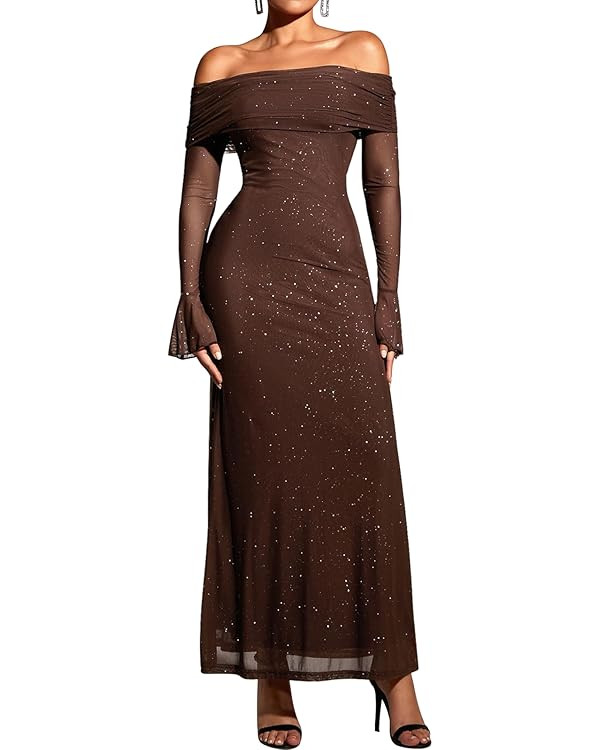 KUTUMAI Women Off Shoulder Long Sleeve Maxi Formal Wedding Guest Dress | Amazon (US)