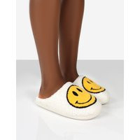 SMILE WHITE PRINTED SMILEY FACE SLIPPERS - US 5-6 | Public Desire (US & CA)