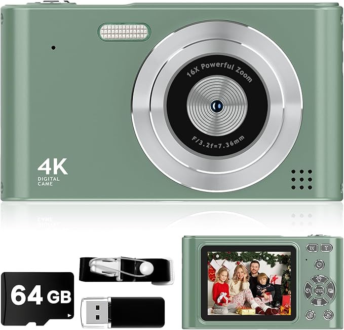 2025 Digital Camera - 1080P Vlog Camera, 44MP Compact, 16X Zoom, Anti-Shake, Green Gift for Kids | Amazon (US)