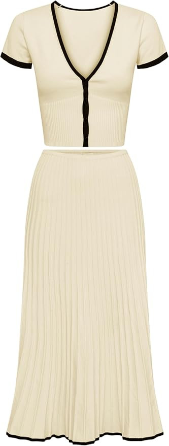 Tanming Women's Two Piece Skirt Set Casual Short Sleeve Crop Top Ribbed Knit Midi Pleated Skirt | Amazon (US)