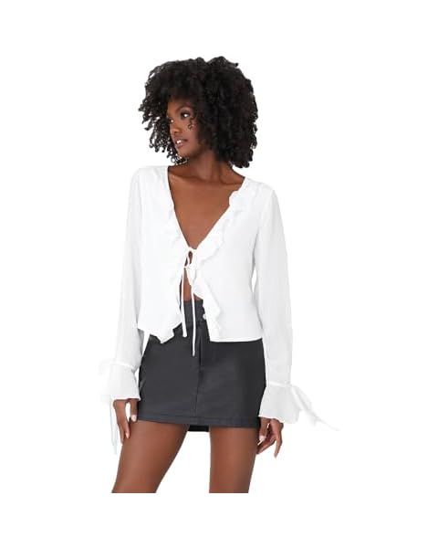 Verdusa Women's Tie Front Bell Long Sleeve Crop Cardigan Shrug Top | Amazon (US)