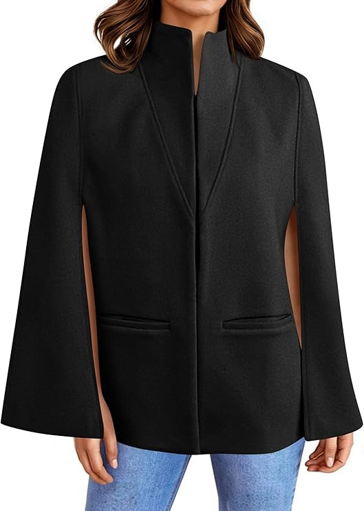 Cicy Bell Womens Cape Pea Coat Work Casual Split Long Sleeve Coat Stand Collar Open Front Fall ja... | Amazon (US)