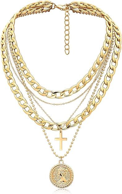 MJartoria Gold Layered Necklaces for Women Trendy Retro Coin Pendant Necklace Dainty Chunky Chain... | Amazon (US)