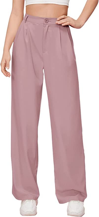 SweatyRocks Women's Casual Wide Leg High Waisted Button Down Straight Long Trousers Pants | Amazon (US)