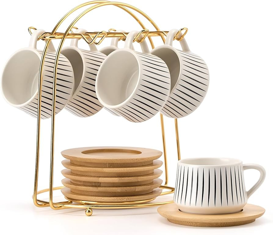 LUKA Ceramic Coffee Espresso Cups with Saucers Set with Metal Holder, 4 oz Porcelain Demitasse Cu... | Amazon (US)