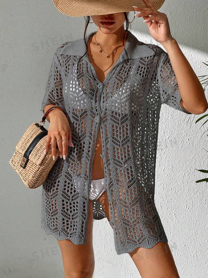 SHEIN Swim Vcay Hollow Out Button Front Kimono | SHEIN