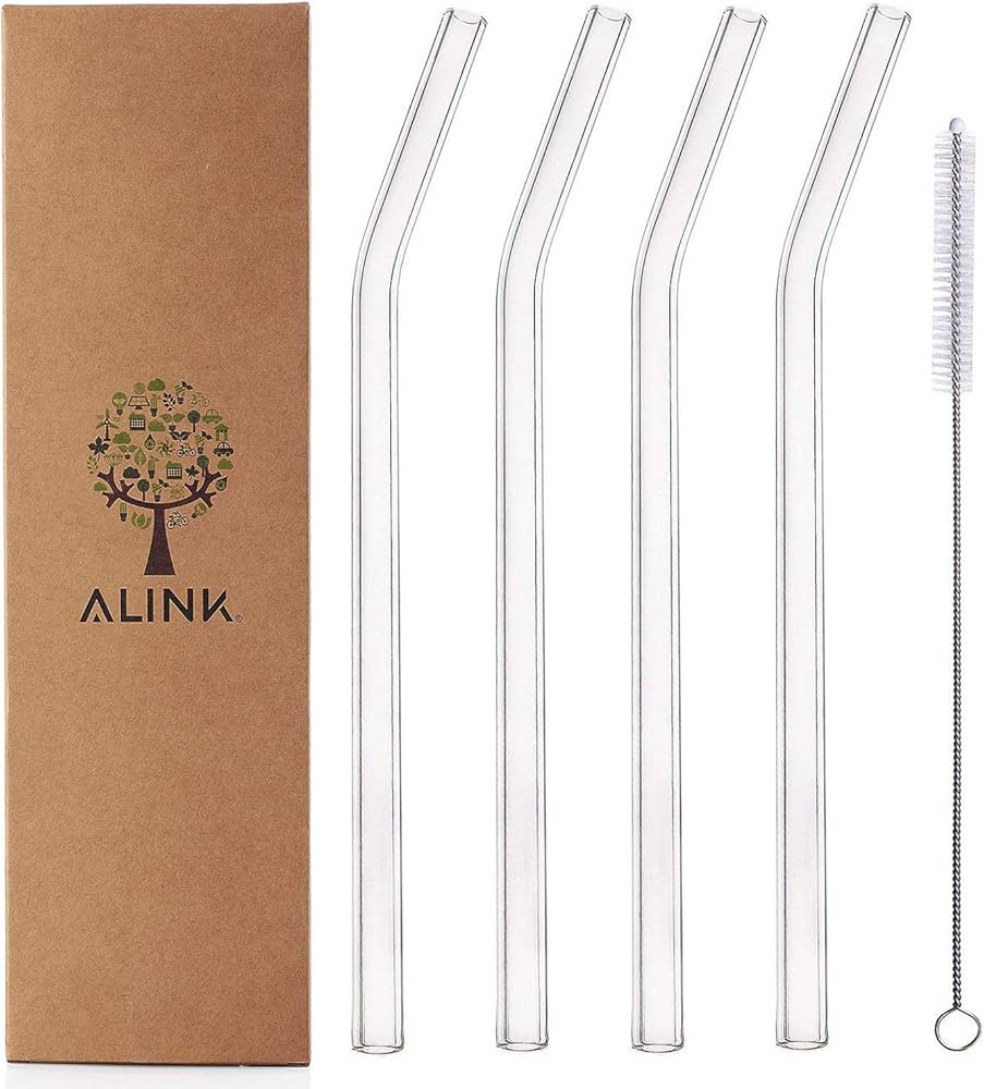 ALINK Glass Smoothie Straws, Reusable Clear Bent 9 in X 10 mm Drinking Straws, Set of 4 with Clea... | Amazon (US)