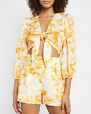 High Waisted Linen-Blend Yellow Printed Tailored Shorts | Express