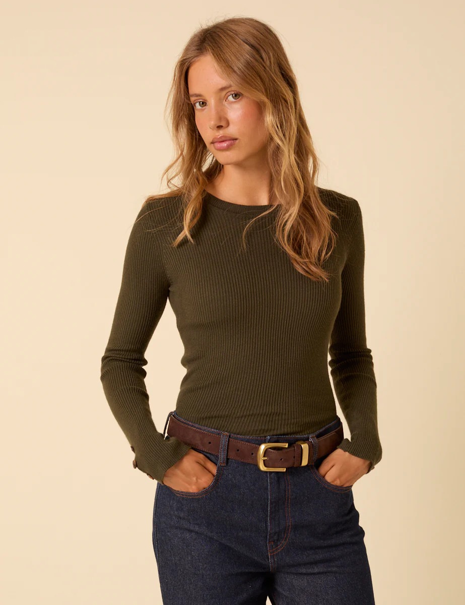 Khaki Green Rib Knitted Long Sleeve Top | Nobody's Child