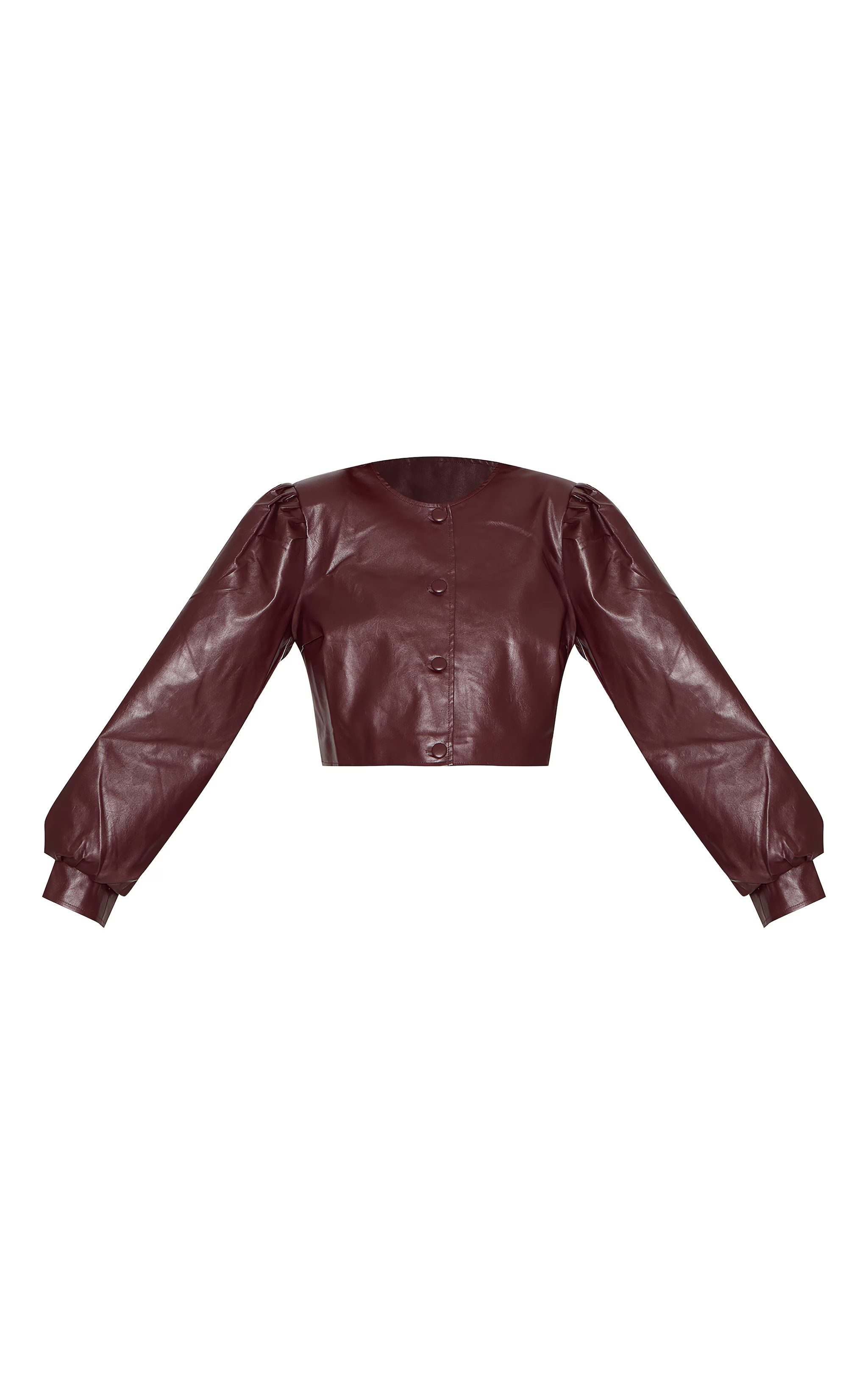 Burgundy Faux Leather Pleat Sleeve Button Up Jacket | PrettyLittleThing US